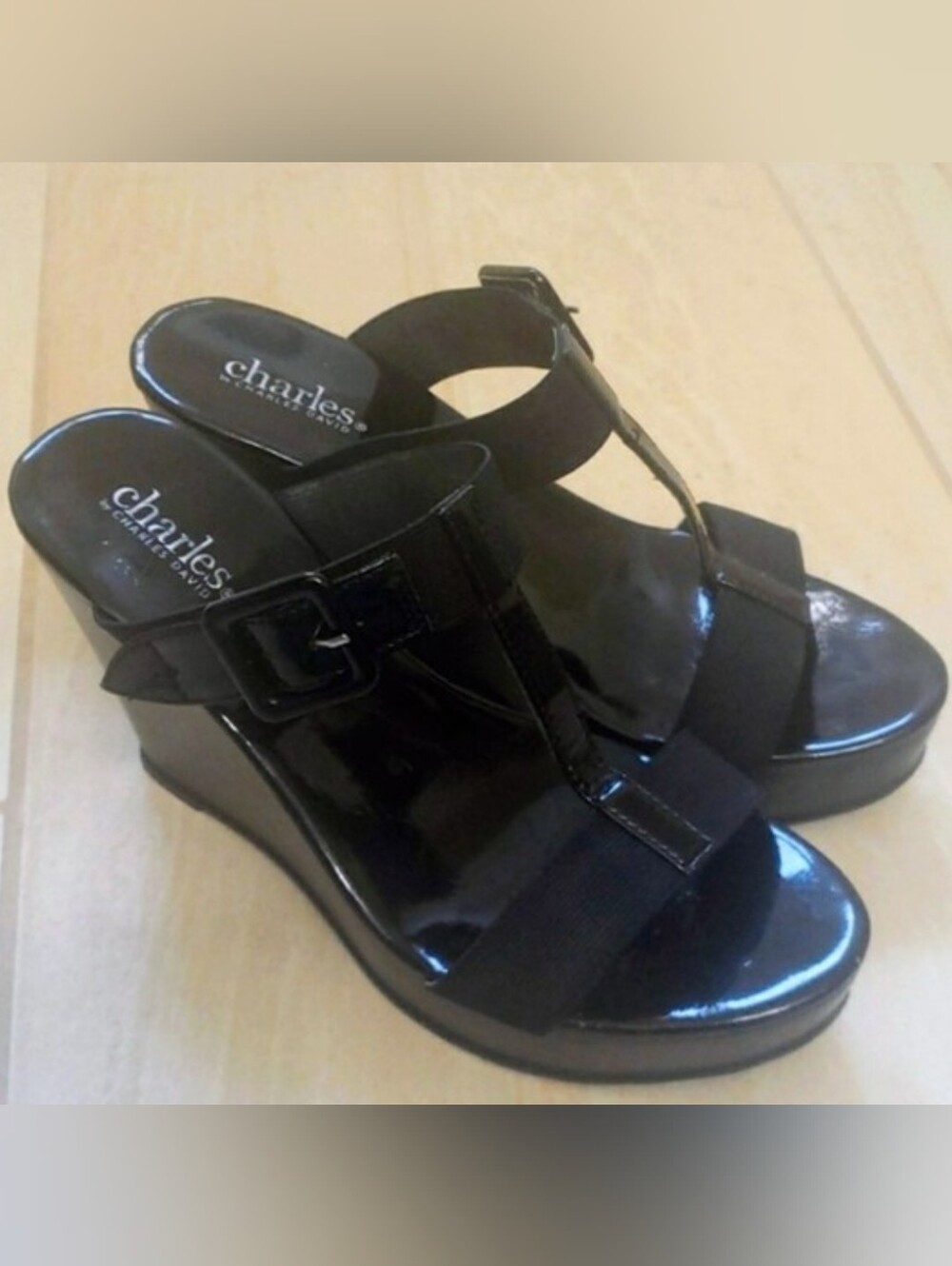 Charles By Charles David Glossy Black Wedge Sandals